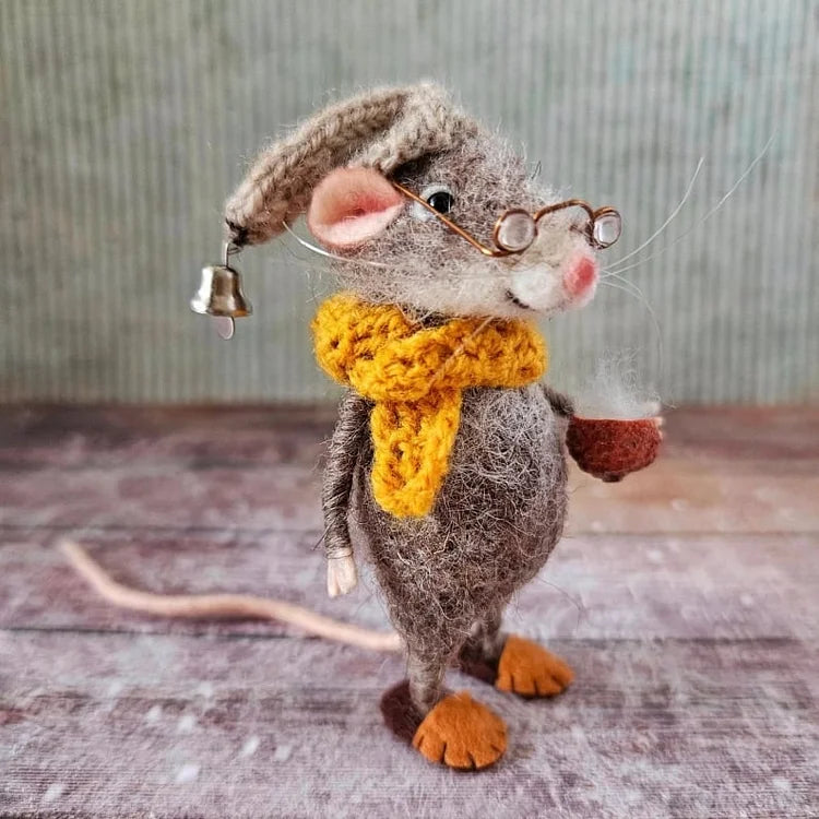 Handmade Felt Mouse Decorative Figurine - Wool & Leather - 7,6 cm - Cute Ornament for Seasonal Décor | Sansoti