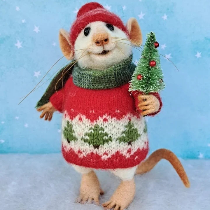 Handmade Felt Mouse Decorative Figurine - Wool & Leather - 7,6 cm - Cute Ornament for Seasonal Décor | Sansoti