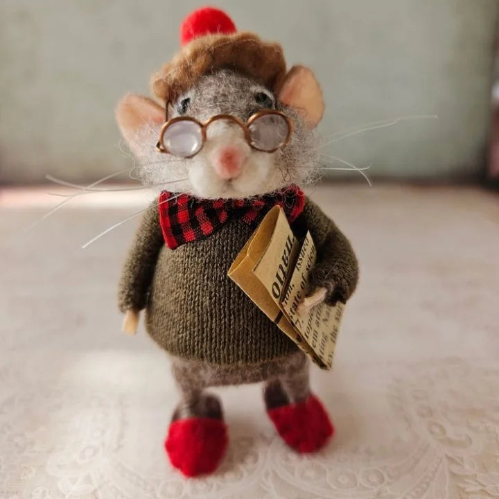 Handmade Felt Mouse Decorative Figurine - Wool & Leather - 7,6 cm - Cute Ornament for Seasonal Décor | Sansoti