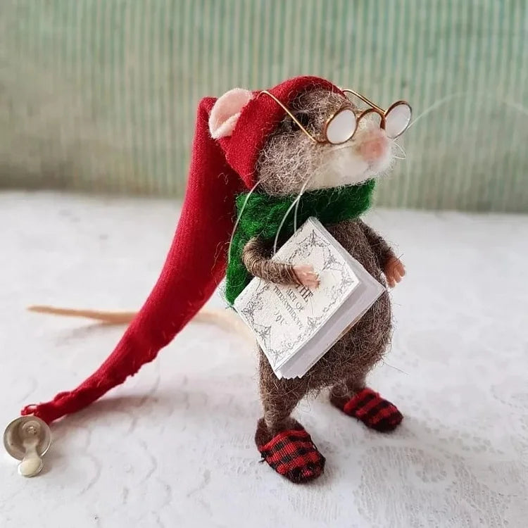 Handmade Felt Mouse Decorative Figurine - Wool & Leather - 7,6 cm - Cute Ornament for Seasonal Décor | Sansoti