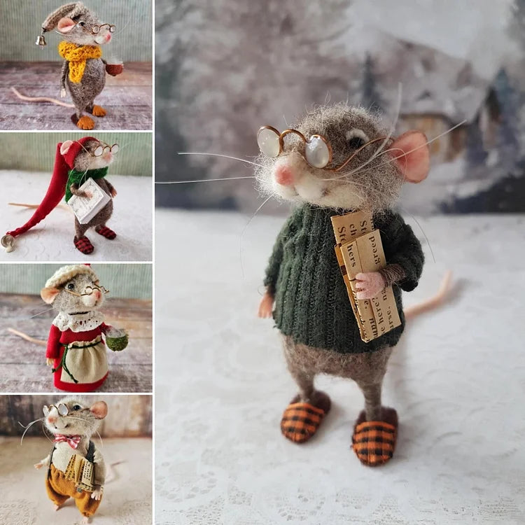 Handmade Felt Mouse Decorative Figurine - Wool & Leather - 7,6 cm - Cute Ornament for Seasonal Décor | Sansoti