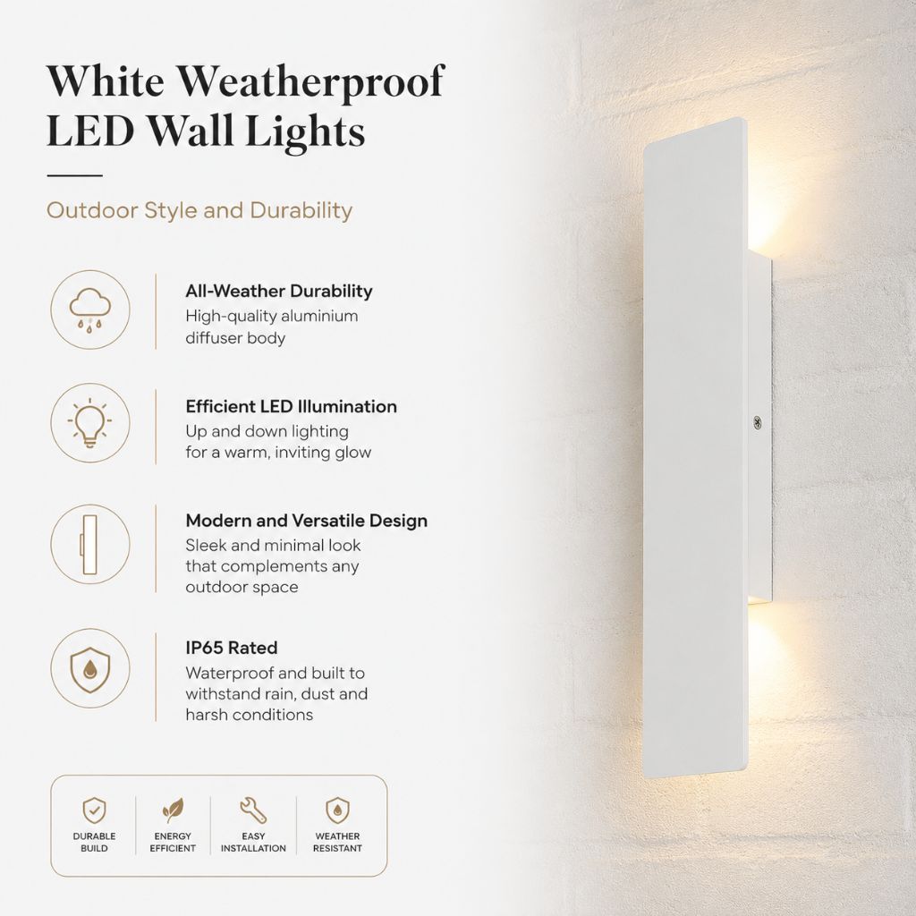 Wetterbeständige Aluminium-Wandleuchte mit LED für den Außenbereich, Weiß, 20,5–61 cm, IP65 wasserdicht, Gartenbeleuchtung, Außenleuchte | Sansoti