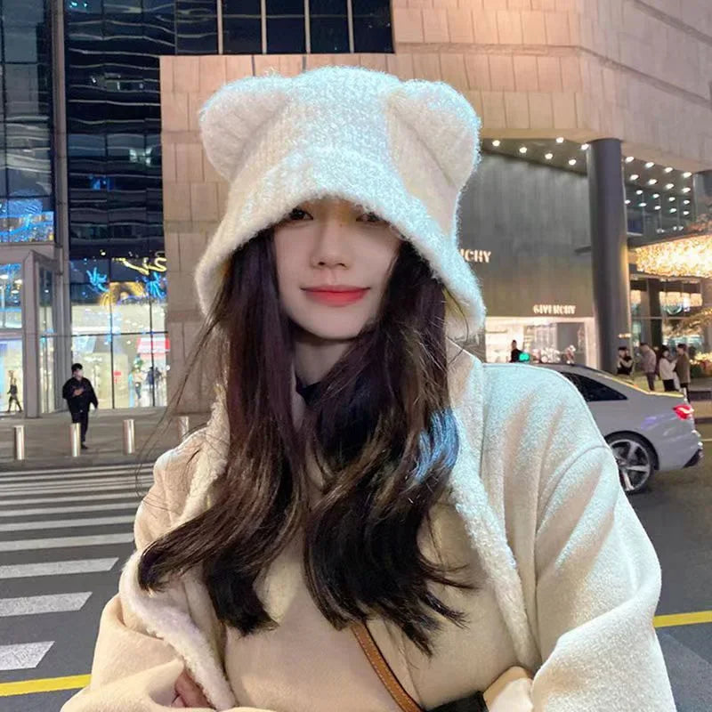 Knitted hooded hat with bear ears wool women's winter warm knitted tie band one size comfortable | Sansoti