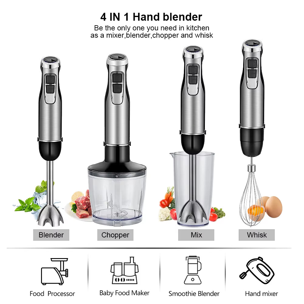Immersion Blender 1200W 4-in-1 Set with Chopper, Whisk and Smoothie Cup, Stainless Steel Multifunctional Kitchen Mixer | Sansoti