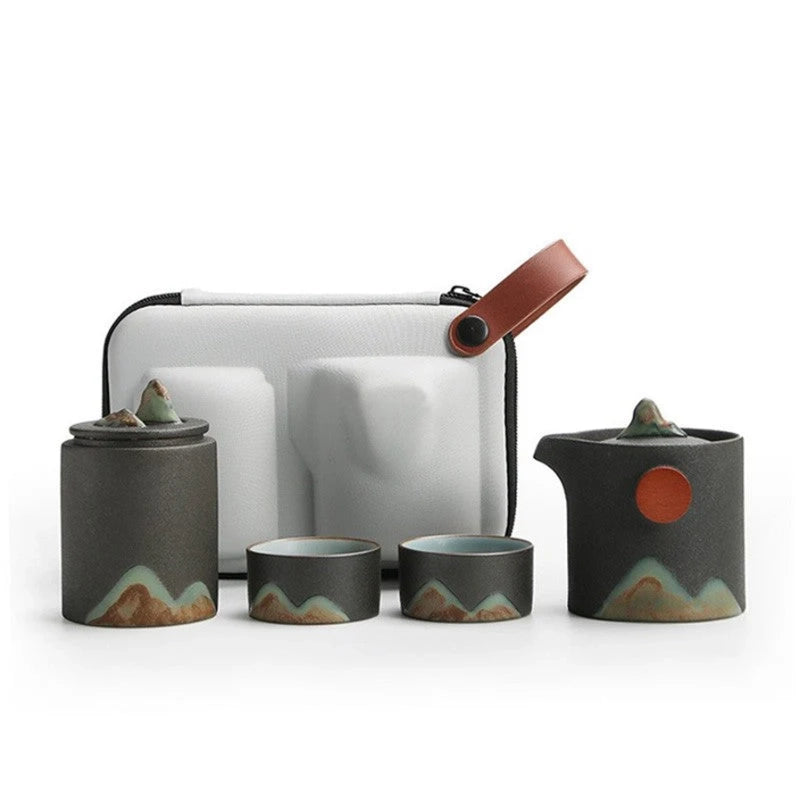 Set de voyage pour thé Céramique japonaise Avec théière Tasses Sac de transport Paysage montagneux Compact | Restfield