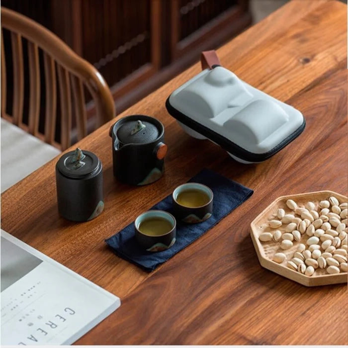 Set de voyage pour thé Céramique japonaise Avec théière Tasses Sac de transport Paysage montagneux Compact | Restfield