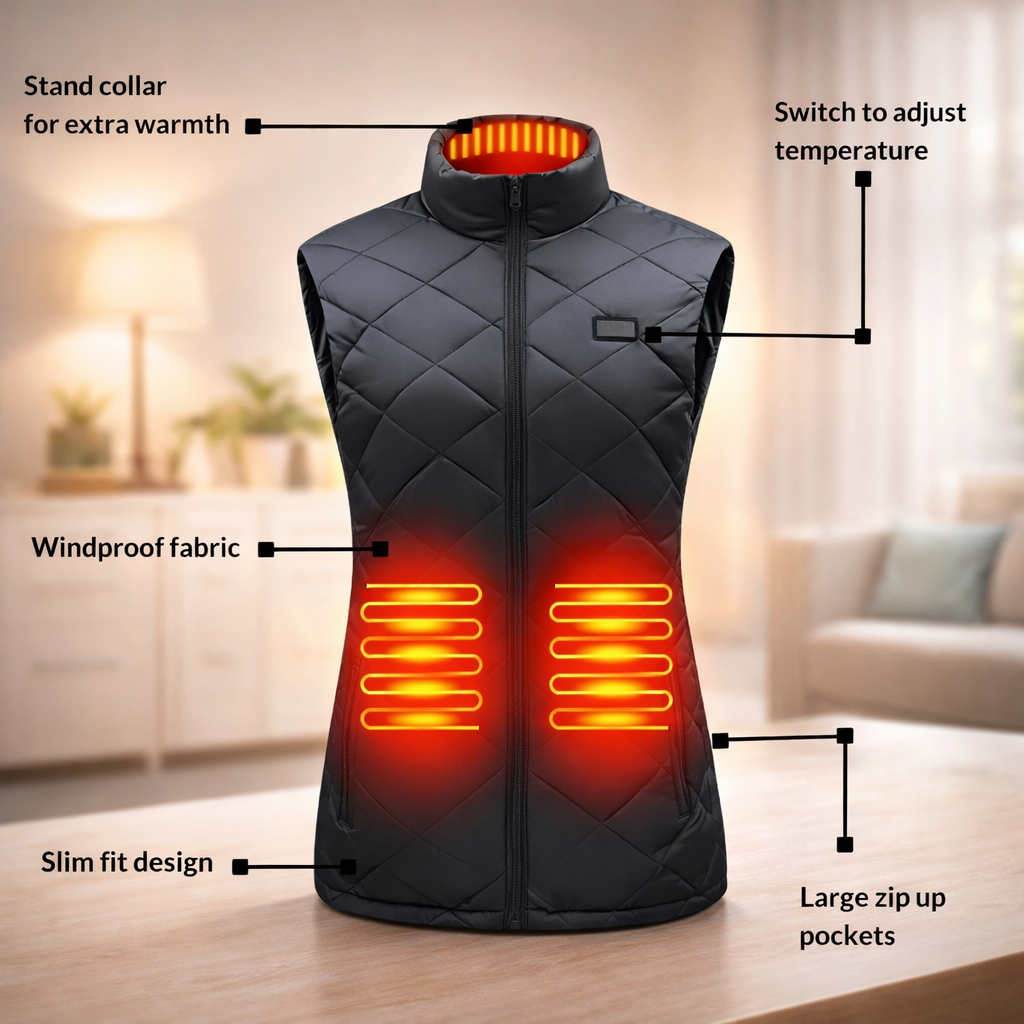 Verwarmbare Damesbodywarmer Gewatteerd met Hoge Kraag Mouwloos Thermolaag Outdoor Wandelen Wintervest | Sansoti
