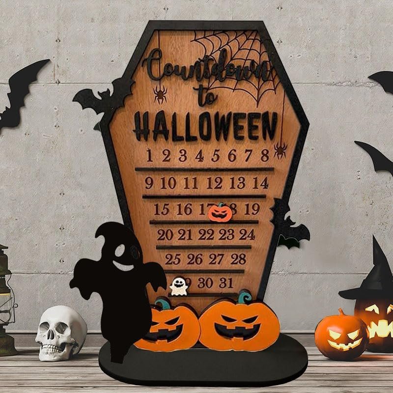 Wooden Halloween Countdown Calendar Decorative Table Ornament Spooky Season Decoration 29x20cm Autumn Theme | Sansoti