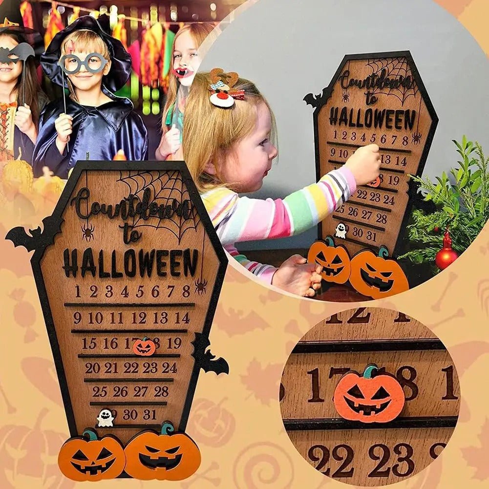 Calendrier de compte à rebours d'Halloween en bois, ornement de table décoratif, décoration de la saison des frissons, thème automnal, 29x20cm | Sansoti