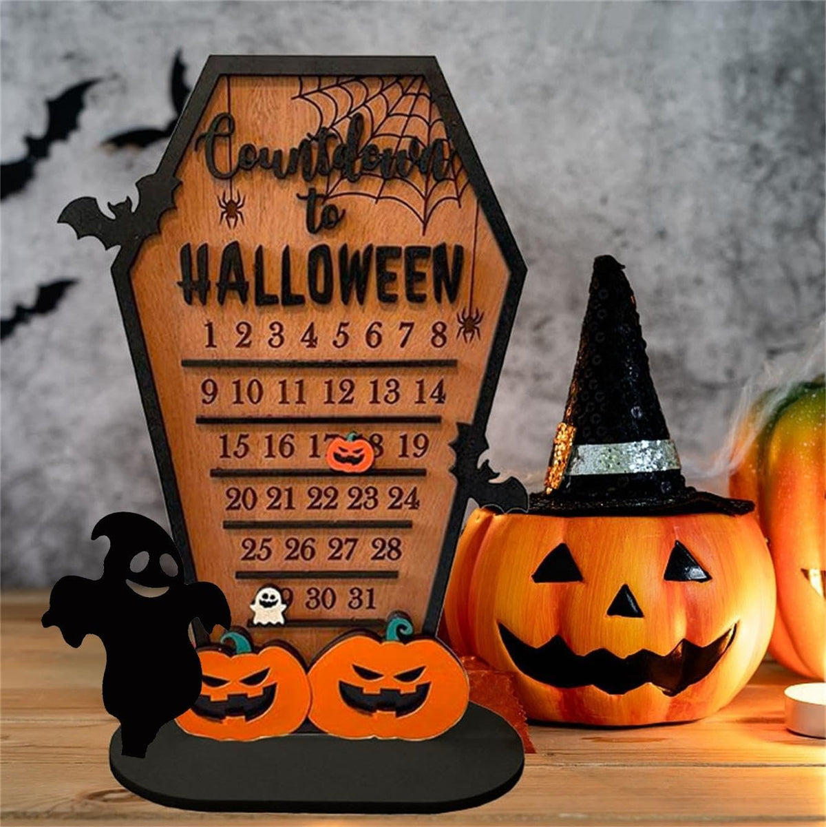 Wooden Halloween Countdown Calendar Decorative Table Ornament Spooky Season Decoration 29x20cm Autumn Theme | Sansoti