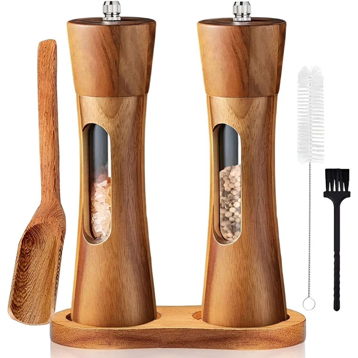 Holz-Gewürzmühlen-Set mit verstellbarem Mahlwerk, Salz und Pfeffer, Acrylfenster, 19 cm, Küchentisch-Küchenaccessoire | Sansoti