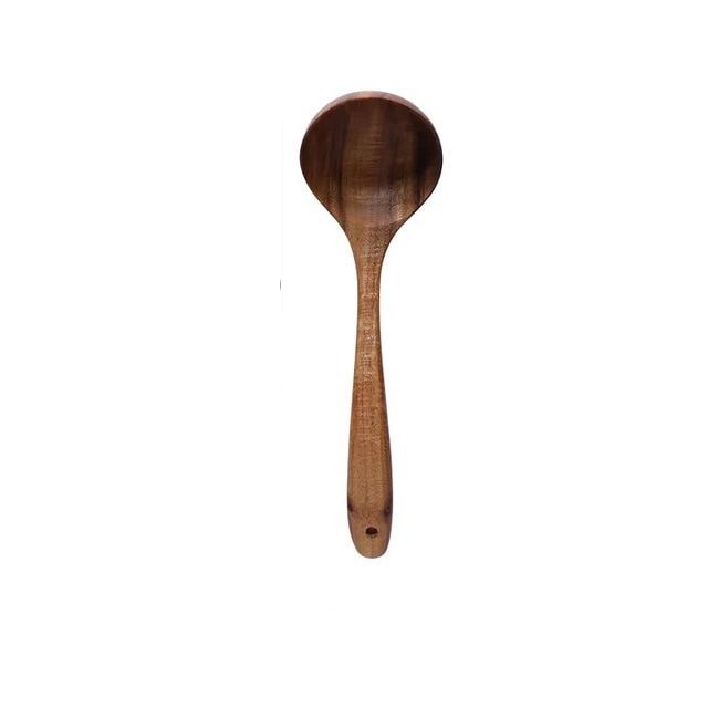 7-teiliges Küchenutensilien-Set aus Teakholz, Löffel, Pfannenwender, Suppenkelle und Öllöffel, langlebiges Naturmaterial | Sansoti