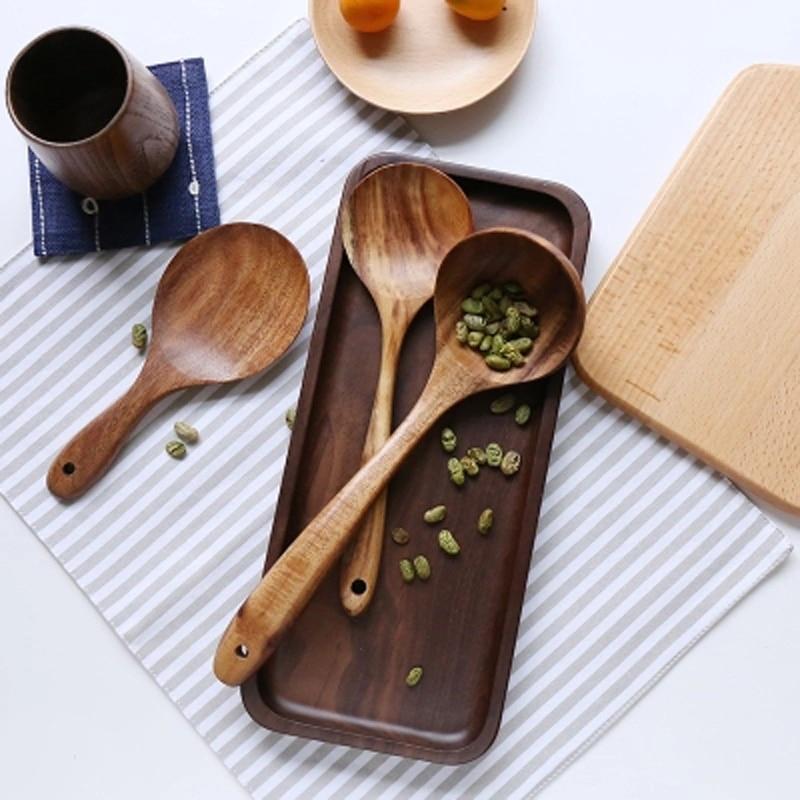 7-teiliges Küchenutensilien-Set aus Teakholz, Löffel, Pfannenwender, Suppenkelle und Öllöffel, langlebiges Naturmaterial | Sansoti
