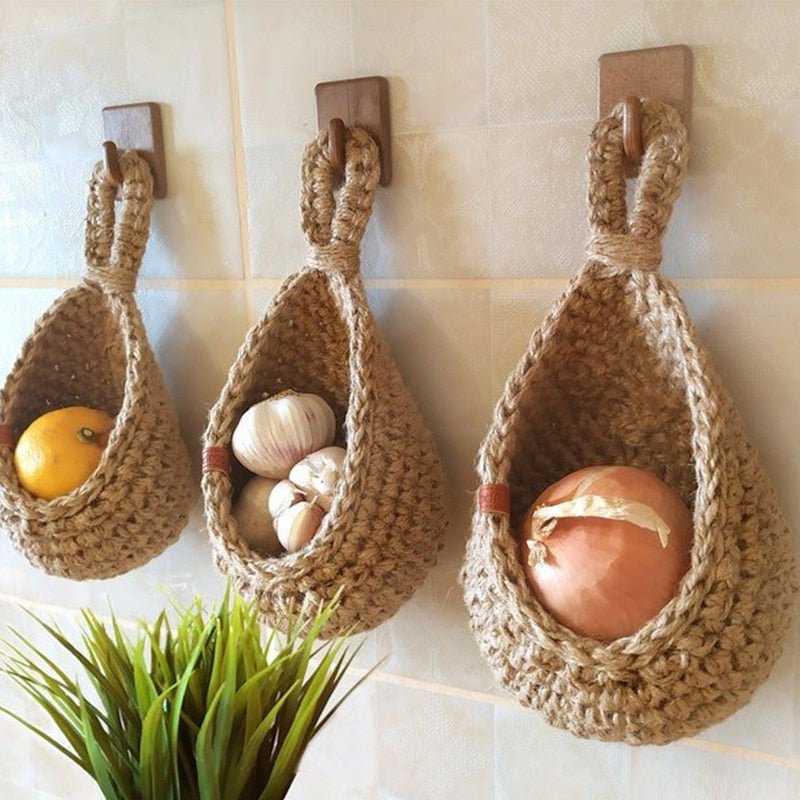 Gevlochten Hangmandjes van Henneptouw – Wandopberging Groenten & Fruit – Handgemaakt Boho Design | Sansoti