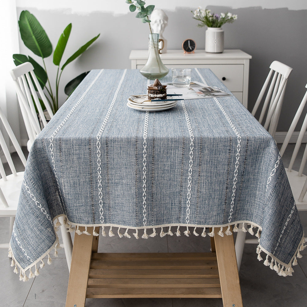 Obrus bawełniano-lniany w paski, z frędzlami, prostokątny, na stół jadalniany, do kuchni, na przyjęcia, w stylu skandynawskim, stylowy | Sansoti