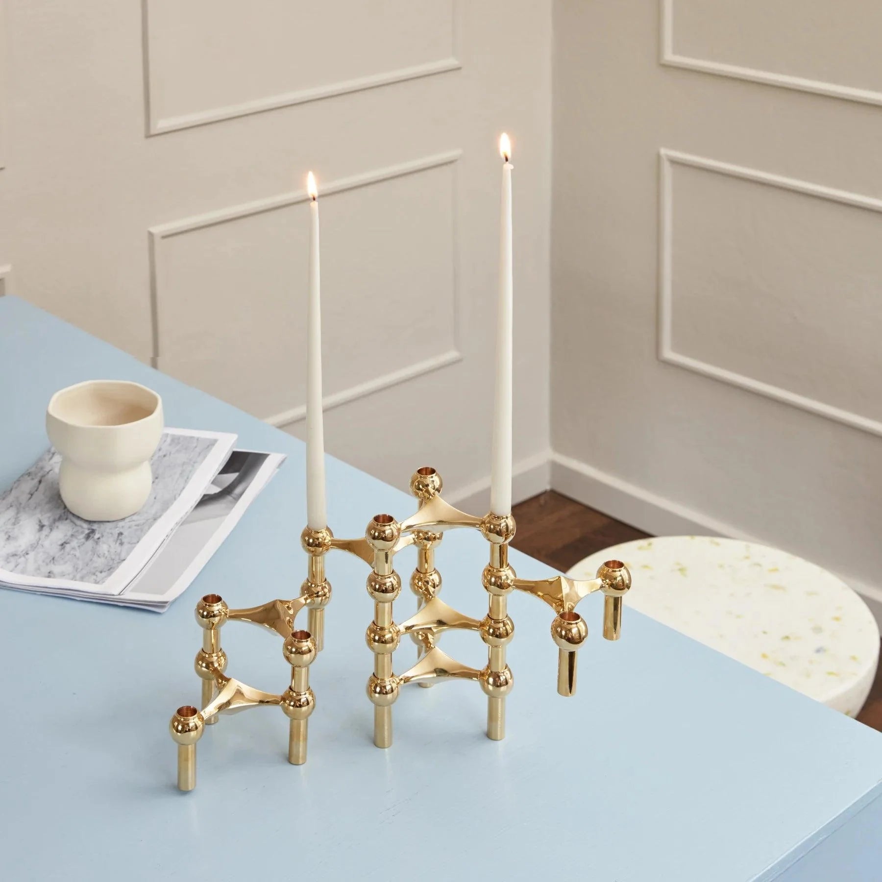 Modulare Design-Kerzenleuchter aus massivem Messing im 3er-Set – Skulpturale Wohndekoration für Tisch und Anrichte | Restfield