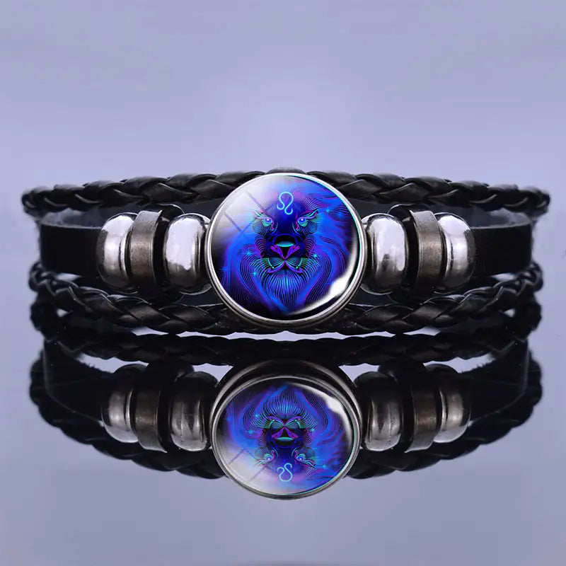 Edelstenen Armband met Sterrenbeeld Symbool Lapis Lazuli Sodaliet Leer Staal Beschermend Spiritueel Sieraad | Sansoti