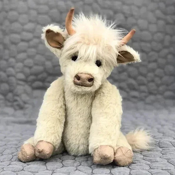 Peluche vache des Highlands avec couronne de fleurs, faite main, en laine d’alpaga, figurine décorative de 25cm, vache écossaise, accessoire de décoration intérieure | Sansoti