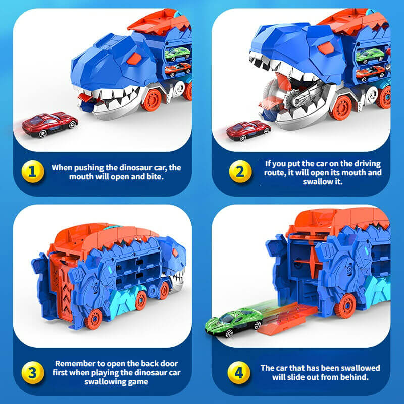 3-in-1 Speelgoedtruck met T-Rex Transporter voor Kinderen - Racebaan Auto Opslag Dino Speelset Educatief | Sansoti