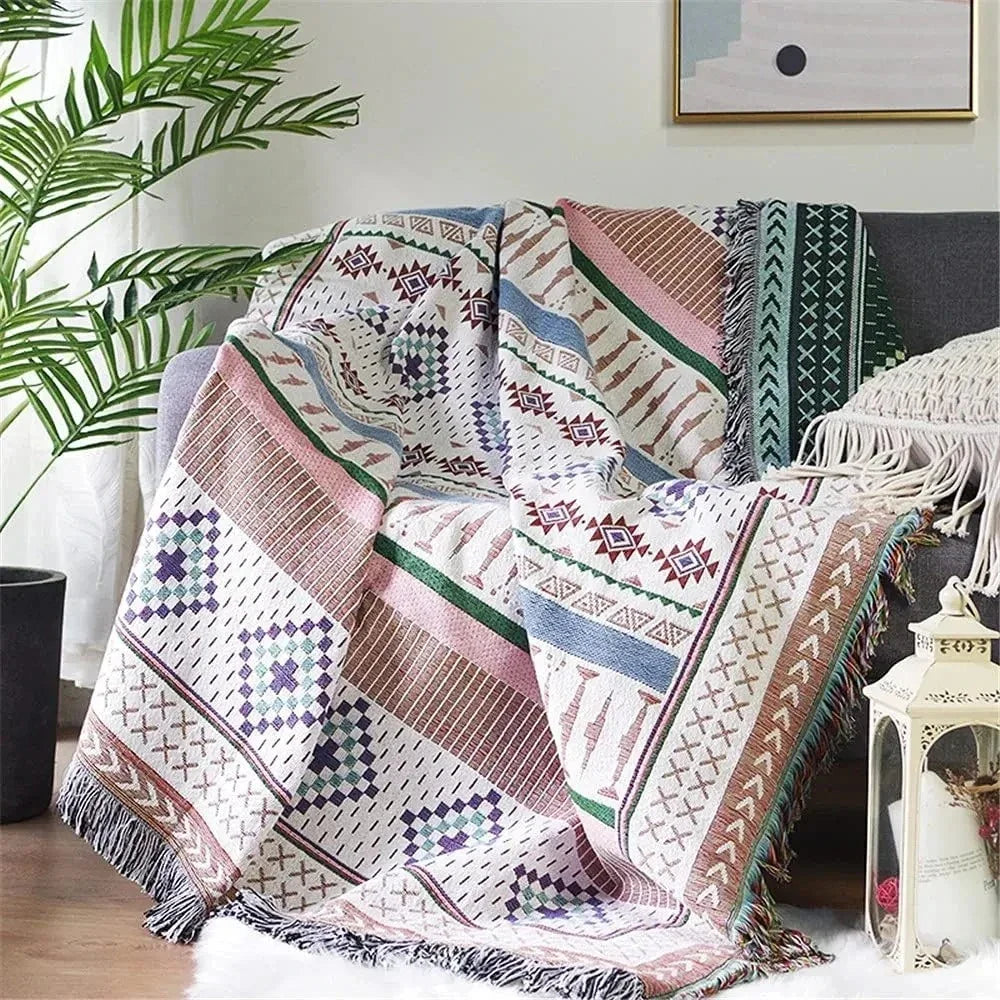 Gooi Deken Jacquard Geweven Franjes Kleurrijk Katoen Polyester Warm Zacht | Sansoti