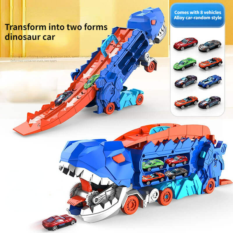 3-in-1 Speelgoedtruck met T-Rex Transporter voor Kinderen - Racebaan Auto Opslag Dino Speelset Educatief | Sansoti