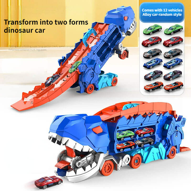 3-in-1 Speelgoedtruck met T-Rex Transporter voor Kinderen - Racebaan Auto Opslag Dino Speelset Educatief | Sansoti