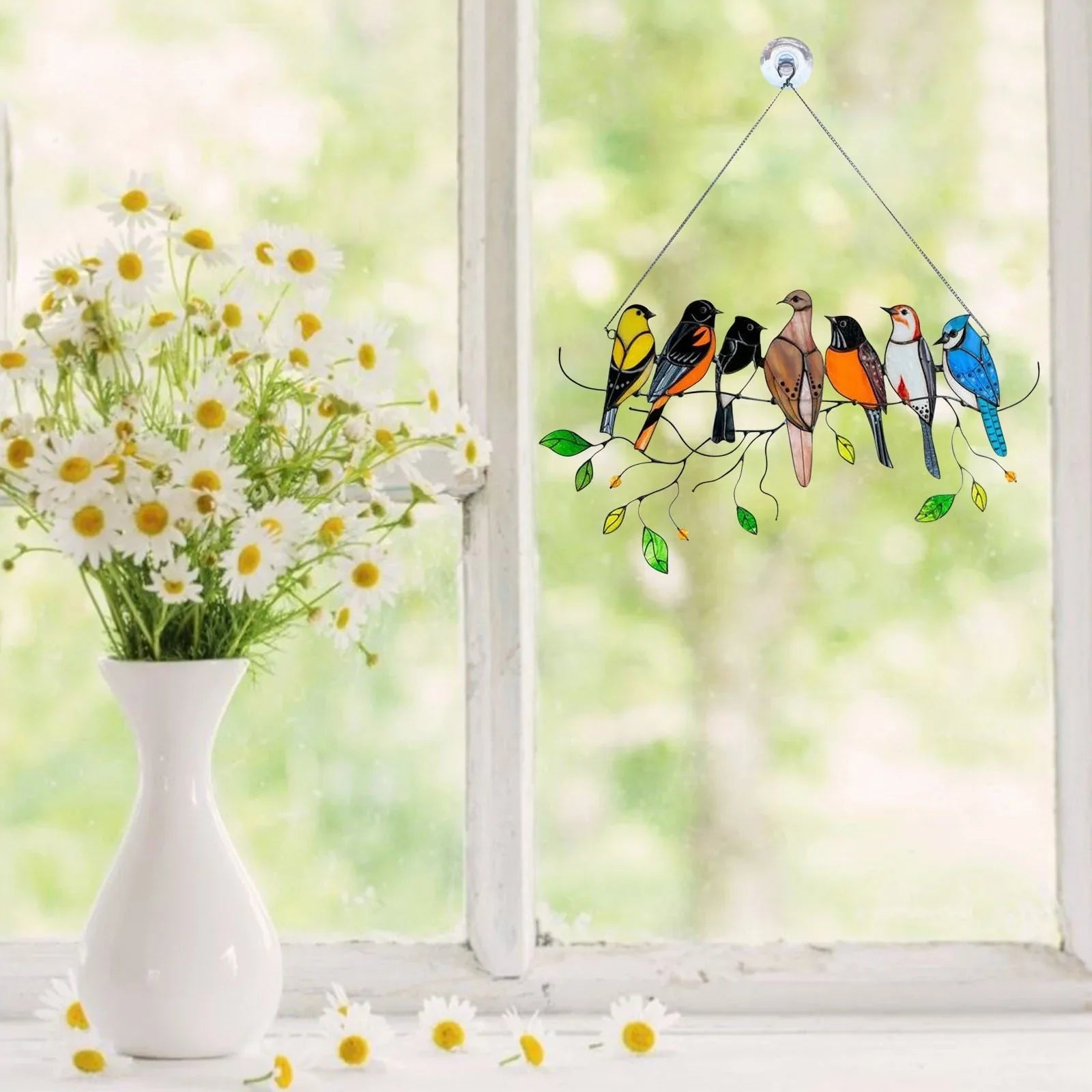 Decoratieve Vogelsuncatcher in Glas-in-Lood Stijl Multicolor | Venster- en Muurdecoratie met 7 Vogels 20,5 × 10,5 cm | Sansoti