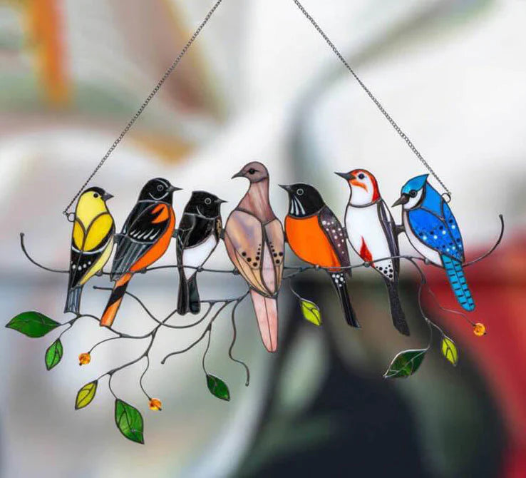 Decoratieve Vogelsuncatcher in Glas-in-Lood Stijl Multicolor | Venster- en Muurdecoratie met 7 Vogels 20,5 × 10,5 cm | Sansoti