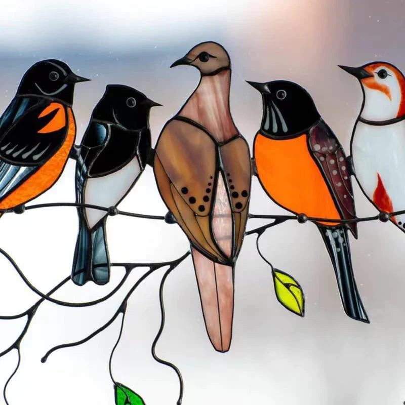 Decoratieve Vogelsuncatcher in Glas-in-Lood Stijl Multicolor | Venster- en Muurdecoratie met 7 Vogels 20,5 × 10,5 cm | Sansoti