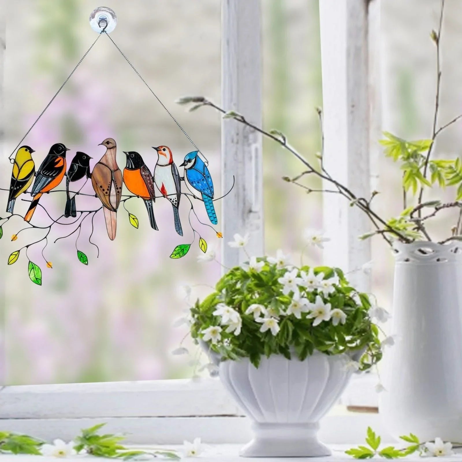 Decoratieve Vogelsuncatcher in Glas-in-Lood Stijl Multicolor | Venster- en Muurdecoratie met 7 Vogels 20,5 × 10,5 cm | Sansoti