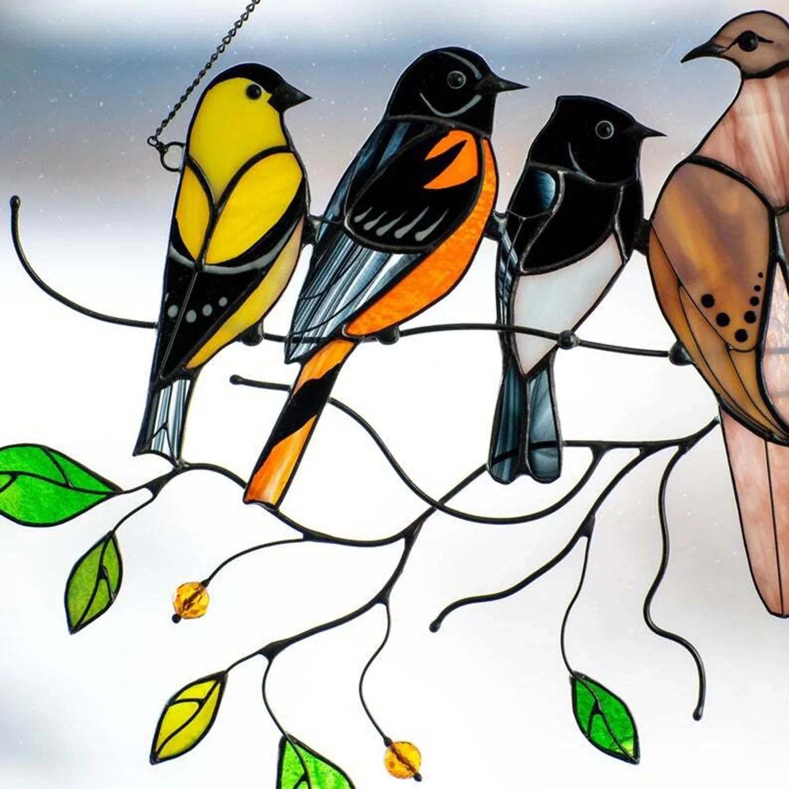 Decoratieve Vogelsuncatcher in Glas-in-Lood Stijl Multicolor | Venster- en Muurdecoratie met 7 Vogels 20,5 × 10,5 cm | Sansoti