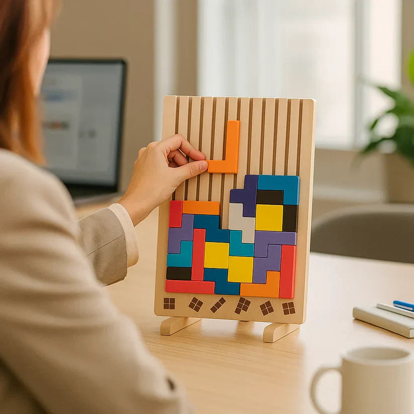 Houten Tetris Puzzel 31.5x19.8cm Ecokleuren Bureau Blokpuzzel Tangram Breinbreker Volwassenen Kinderen Kantoor Cadeau Speelgoed | Sansoti
