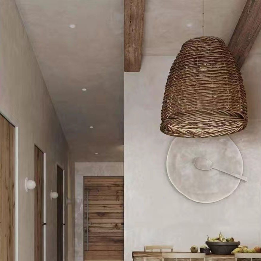 Rattan Pendant Light Vintage Chandelier E27 Dining Room Bedroom Living Room Natural Woven Ceiling Light | Sansoti