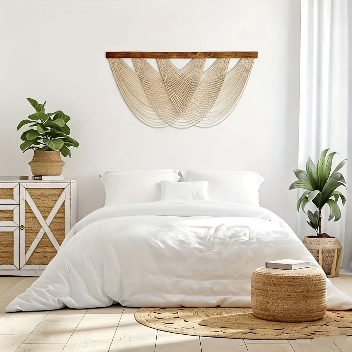 Wandpaneel aus Makramee im Boho-Stil aus Baumwolle 100x60 cm Minimalistische Wanddekoration aus Naturtextil für das Wohnzimmer | Sansoti