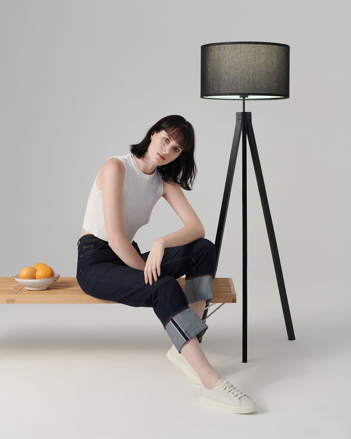 Stehleuchte Tripod Holz Dreibein 152cm Mit Stoffschirm LED | Restfield