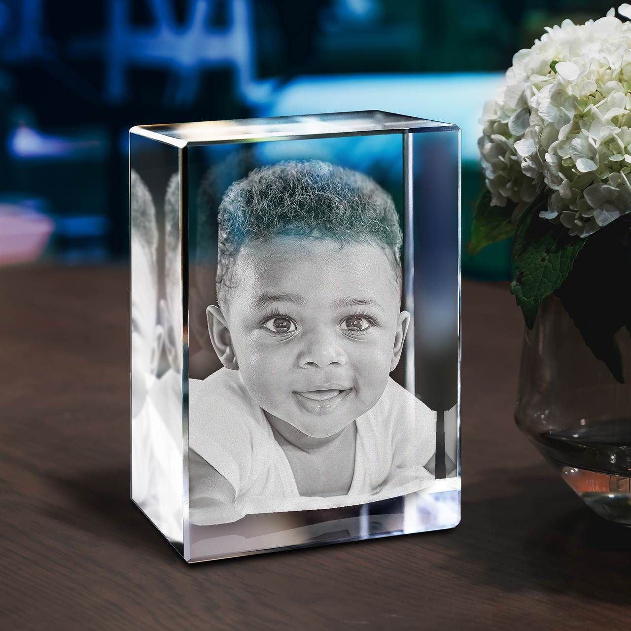 Gepersonaliseerd 2D/3D Kristal Gedenkkristal met Eigen Foto – Verlicht Herinneringsblok met Houten Voet | Sansoti