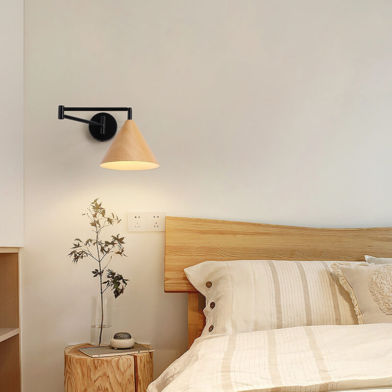 Wandleuchte Schwenkarm Eisen Konische Schirm Walnussholz E26 18x14cm Schlafzimmer Leselampe | Restfield