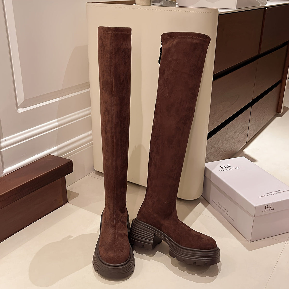 Women's Over-the-Knee Boots High Heel Winter Round Toe Leather Suede Classic Elegant Warm Comfortable Long Shaft | Sansoti