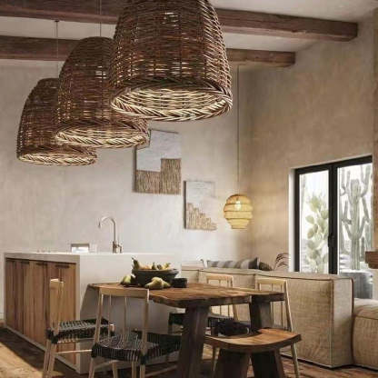 Vintage-Rattan-Hängeleuchte mit E27-Fassung, 35-60 cm, natürlich, handgewebt, Deckenleuchte für Wohnzimmer und Schlafzimmer | Sansoti