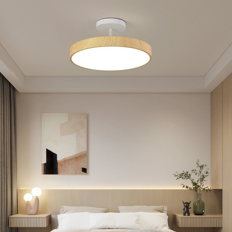 Runde LED-Deckenleuchte im Semi-Flush-Design in Holzoptik, Japandi, 30 cm - minimalistische Deckenbeleuchtung für das Wohnzimmer | Sansoti