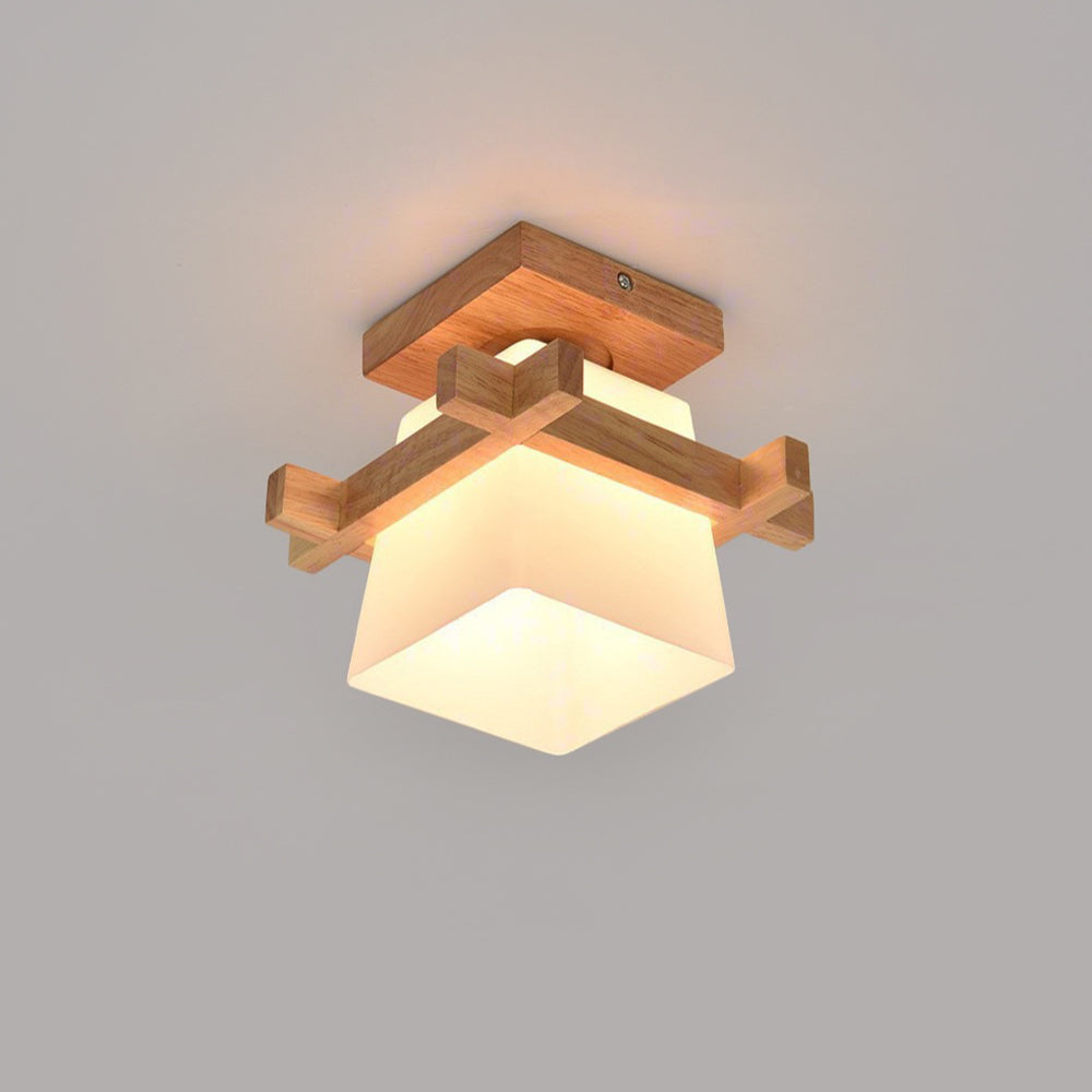 LED Deckenleuchte Holz E27 Weiß Japandi Flur Schlafzimmer Wohnzimmer 20 cm quadratische Deckenleuchte Japanischer Stil | Restfield