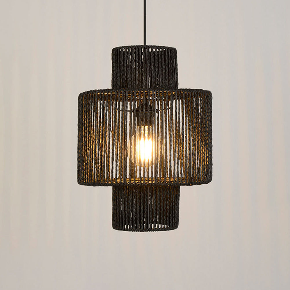 Suspension en rotin noir en forme de tambour, E27, réglable, style rétro champêtre, salle à manger, salon, naturel | Sansoti