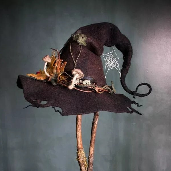 Handgefertigter Hexenhut aus Filzwolle, lila, rot und blau, für Halloween, Partykostüm, Dekoration, Vintage-Accessoire | Sansoti
