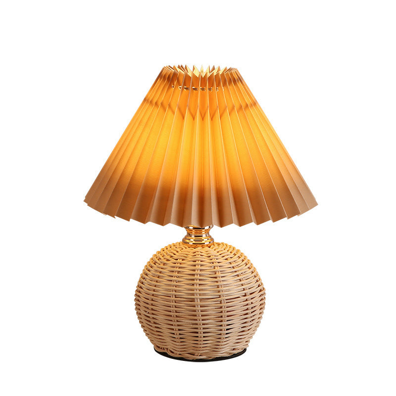 Rattan Tischlampe Plissee Schirm USB 5W Schlafzimmer Nachttisch Skandinavisch Boho Stimmungslicht Rattan Schreibtisch Leselampe | Restfield