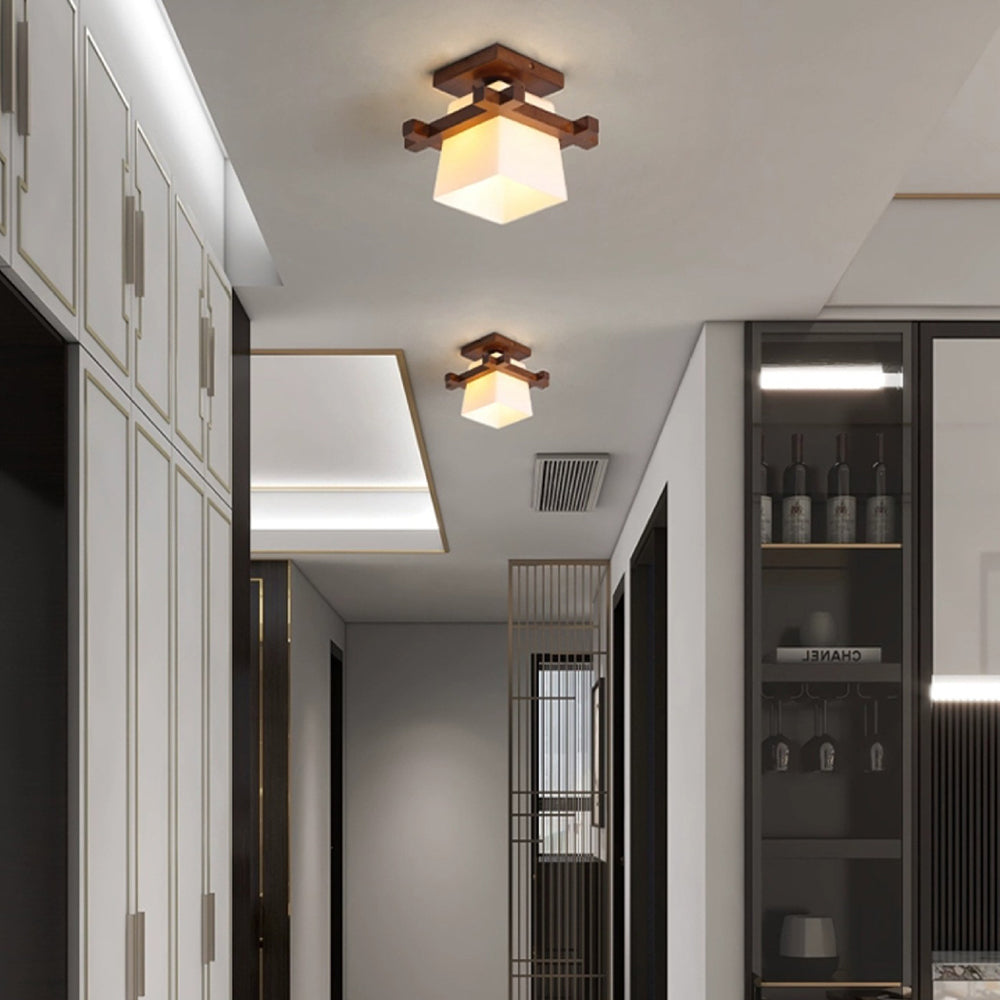 LED Deckenleuchte Holz E27 Weiß Japandi Flur Schlafzimmer Wohnzimmer 20 cm quadratische Deckenleuchte Japanischer Stil | Restfield