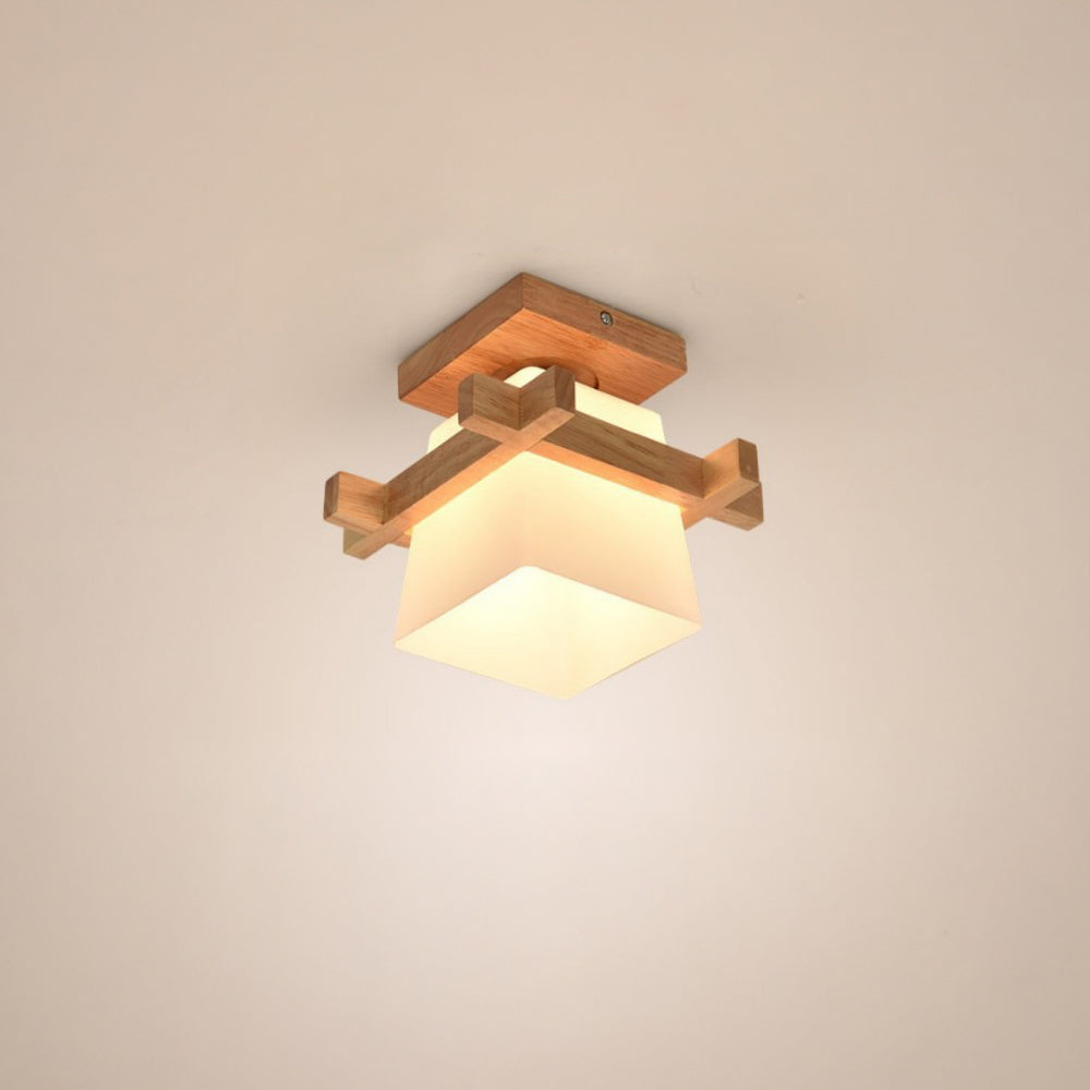 LED Deckenleuchte Holz E27 Weiß Japandi Flur Schlafzimmer Wohnzimmer 20 cm quadratische Deckenleuchte Japanischer Stil | Restfield