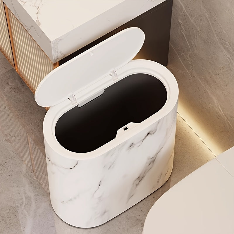 Prullenbak Marmer Look Ovaal Met Deksel Compact 29x29x14,5cm | Sansoti