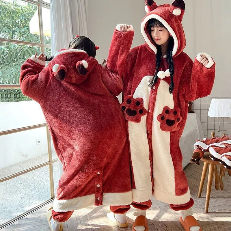 Grenouillère animale à capuche en flanelle chaude, tenue d'intérieur pour adultes, vêtement de détente doux pour se relaxer à la maison | Sansoti