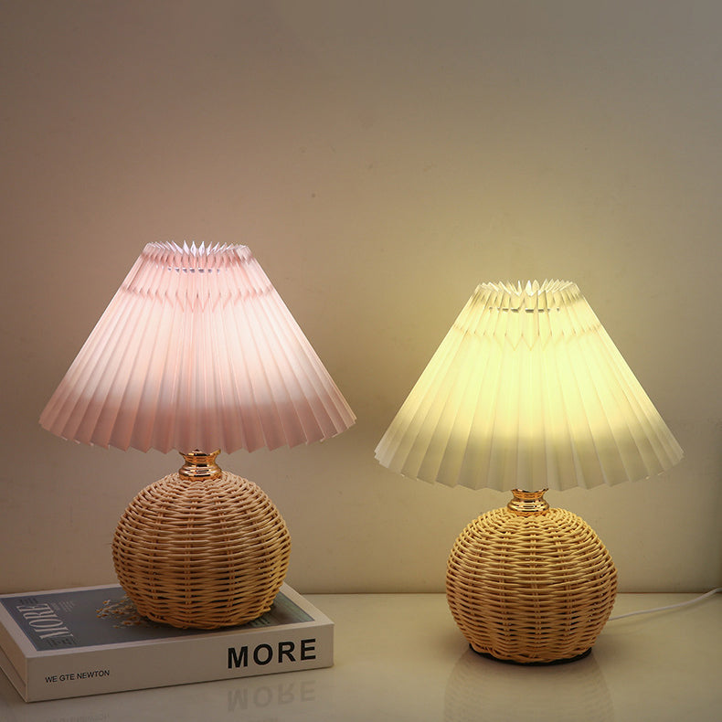 Rattan Tischlampe Plissee Schirm USB 5W Schlafzimmer Nachttisch Skandinavisch Boho Stimmungslicht Rattan Schreibtisch Leselampe | Restfield