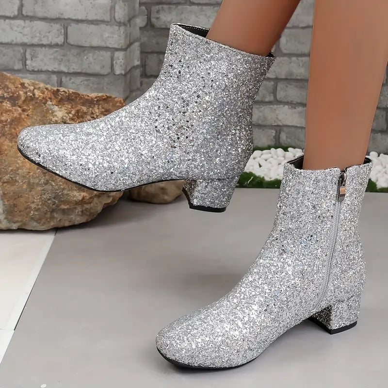 Bottines à paillettes à talon pour femmes Chaussures de fête métalliques Bottes de soirée Étincelantes Élégantes Confortables de gala | Sansoti